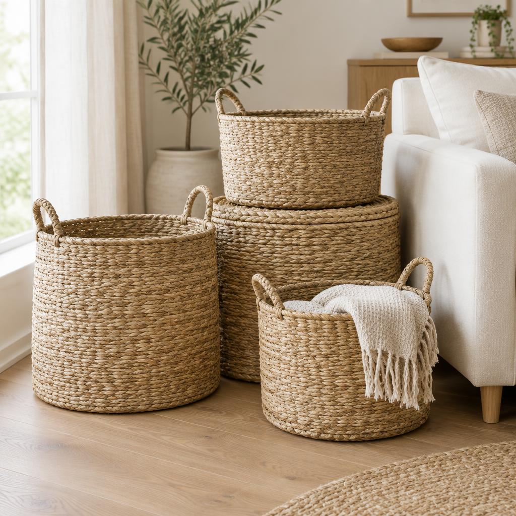 Woven seagrass baskets in natural beige tones beside a cream sofa