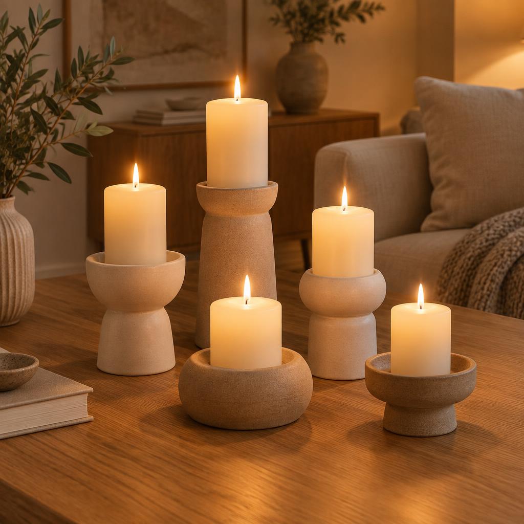 Ceramic candle holders in cream and sand tones with lit ivory candles on an oak table