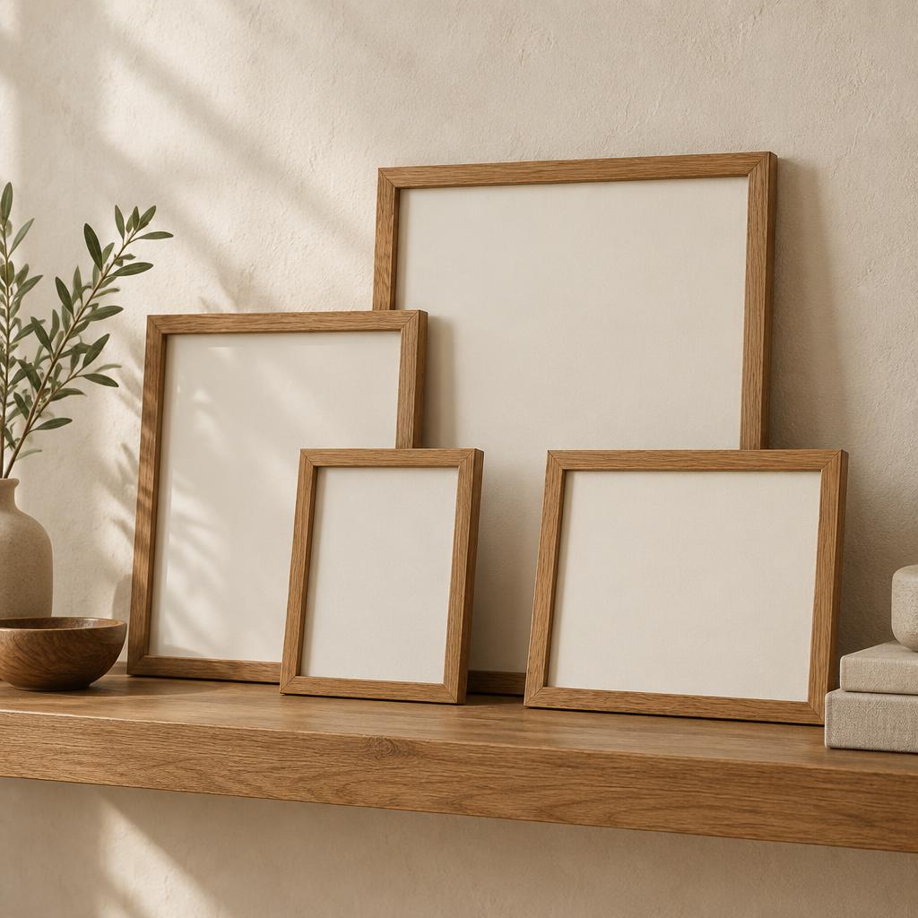Warm oak picture frames with blank cream mats leaning on a wooden shelf
