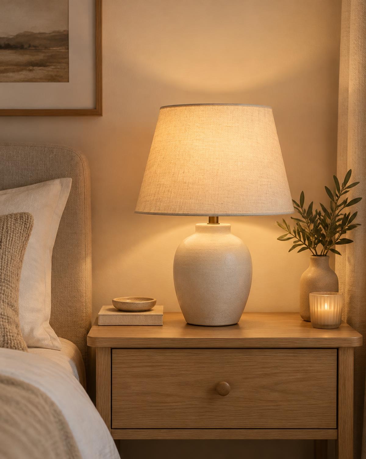 Ceramic table lamp with a linen shade glowing warmly on an oak nightstand