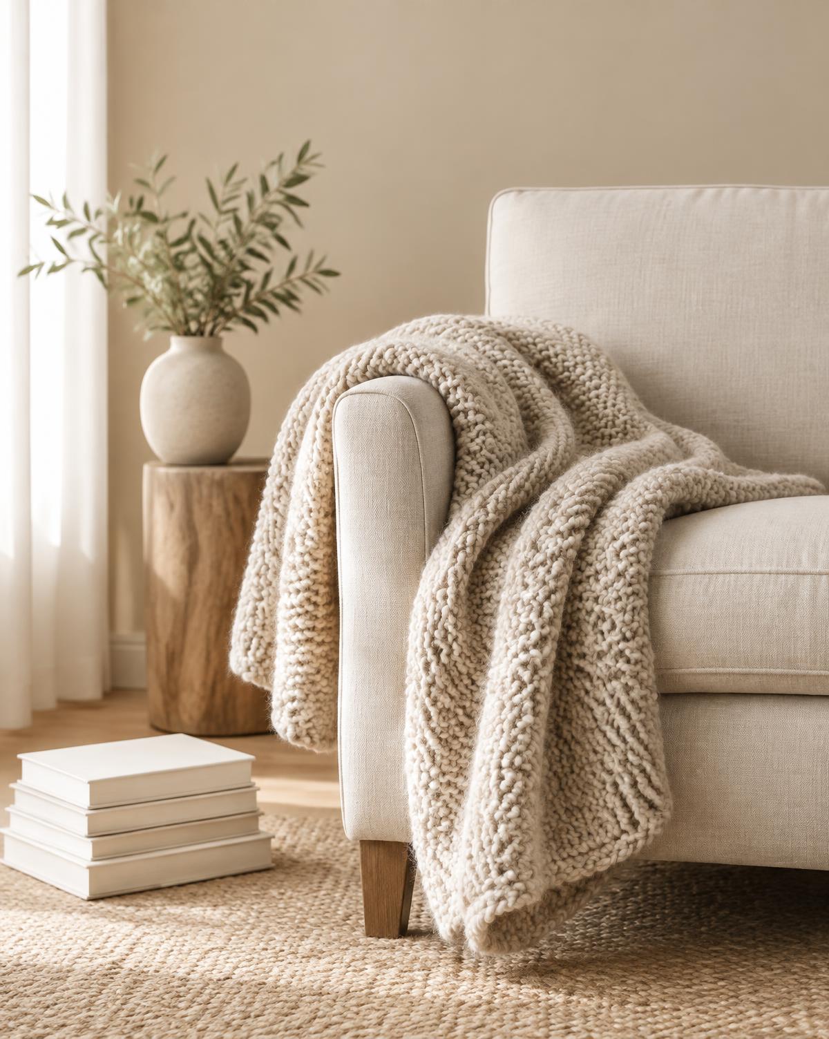 Chunky knit oatmeal throw blanket draped over a cream linen armchair
