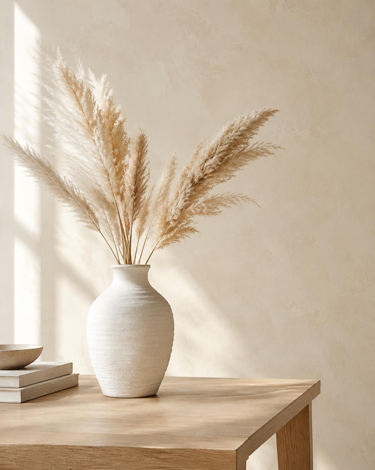 Textured cream ceramic vase with dried pampas grass on an oak table in soft morning light