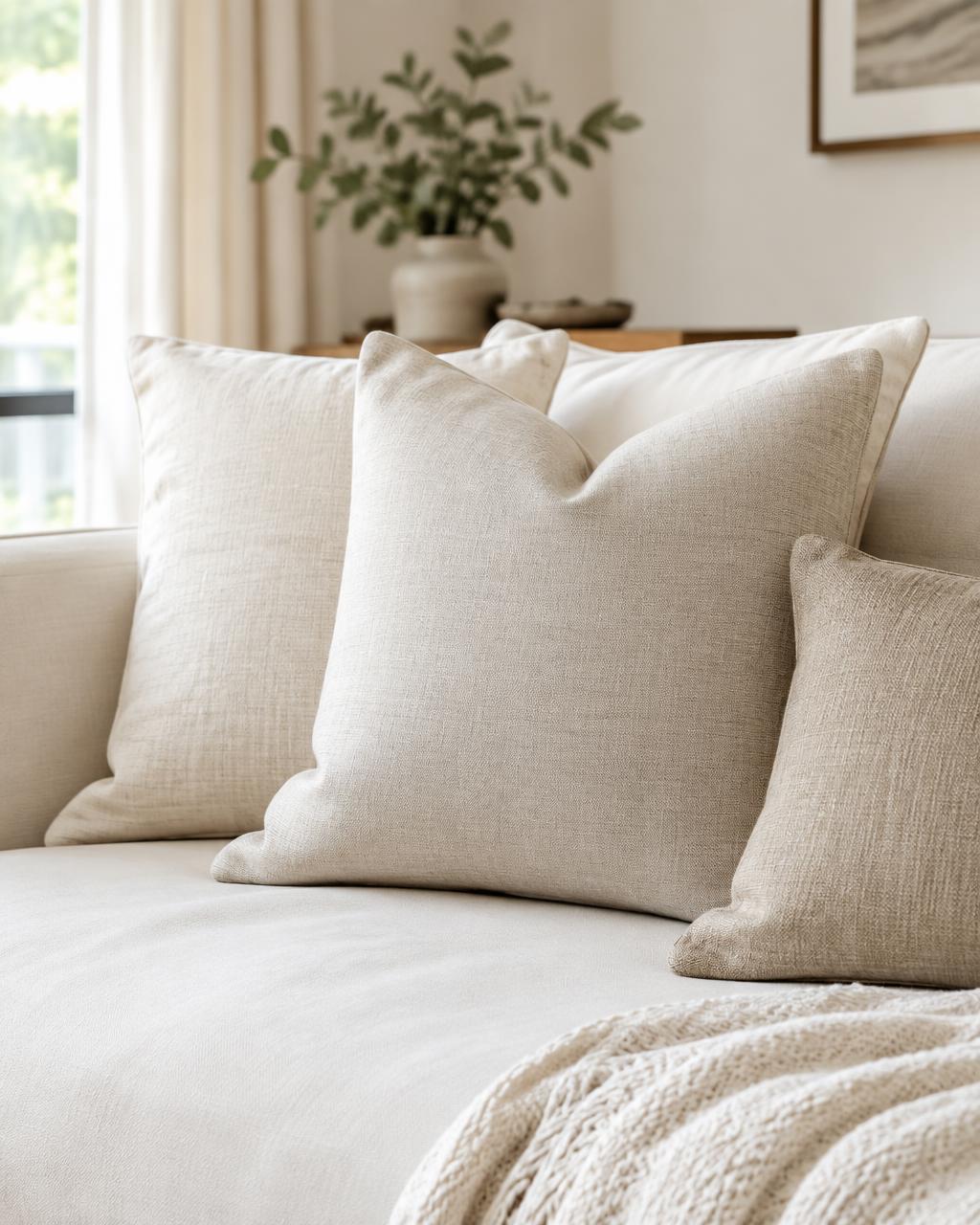 Neutral linen cushions arranged on a cream sofa in soft daylight