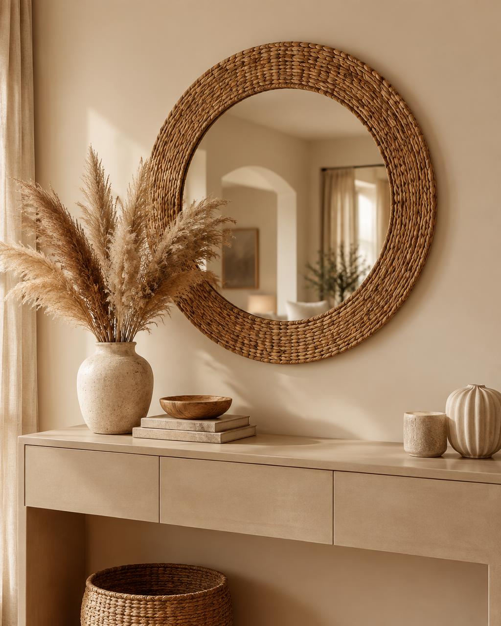 Round woven wall mirror above a beige console with dried pampas grass