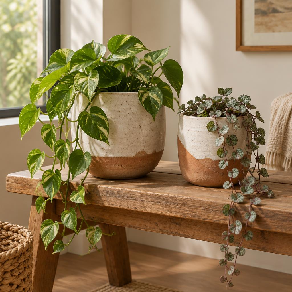 Handmade ceramic planters in off-white and terracotta with trailing green plants