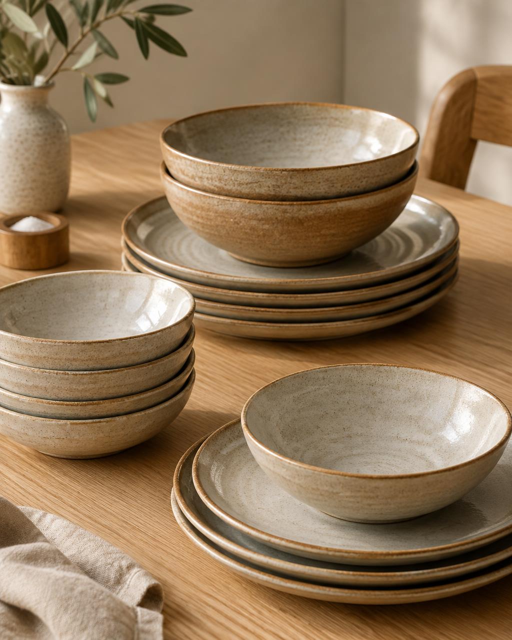 Stacked handmade stoneware bowls and plates on a light oak table