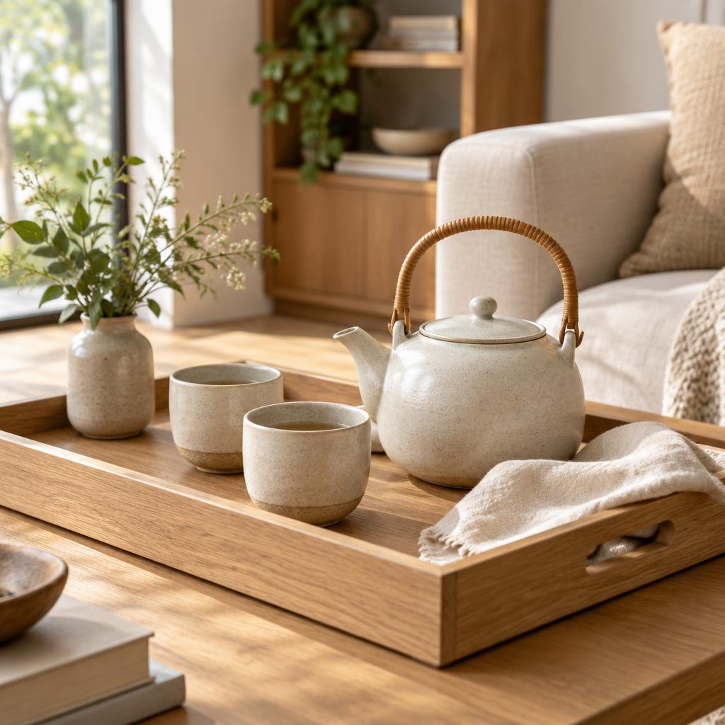 Light oak serving tray with a ceramic teapot and two cups on a coffee table