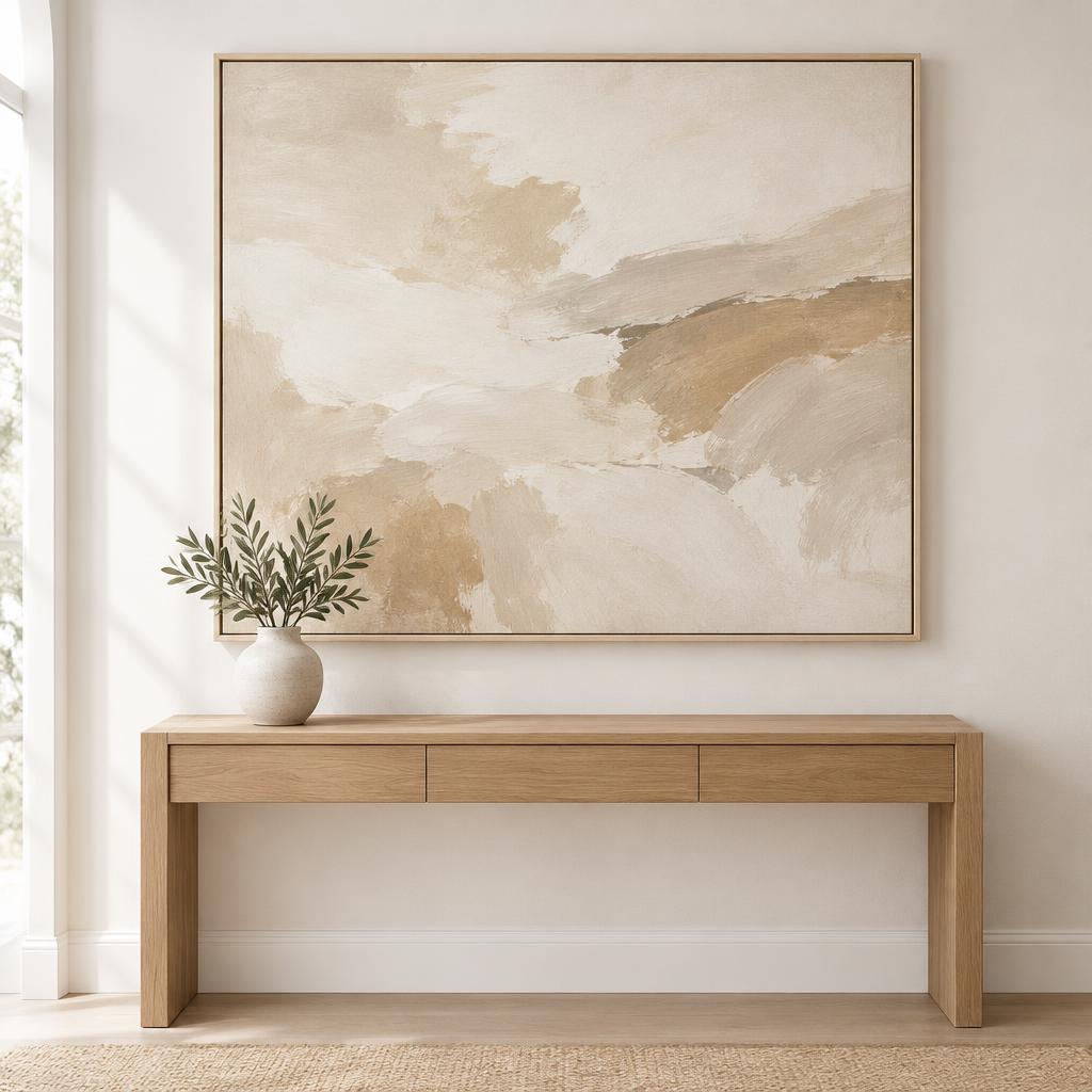 Large framed abstract artwork in soft beige tones above a light oak console