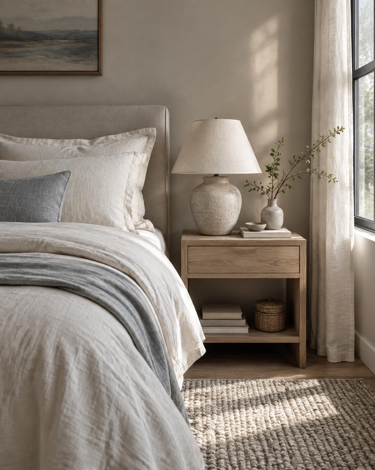 Calm bedroom with layered linen bedding, an oak nightstand and ceramic lamp