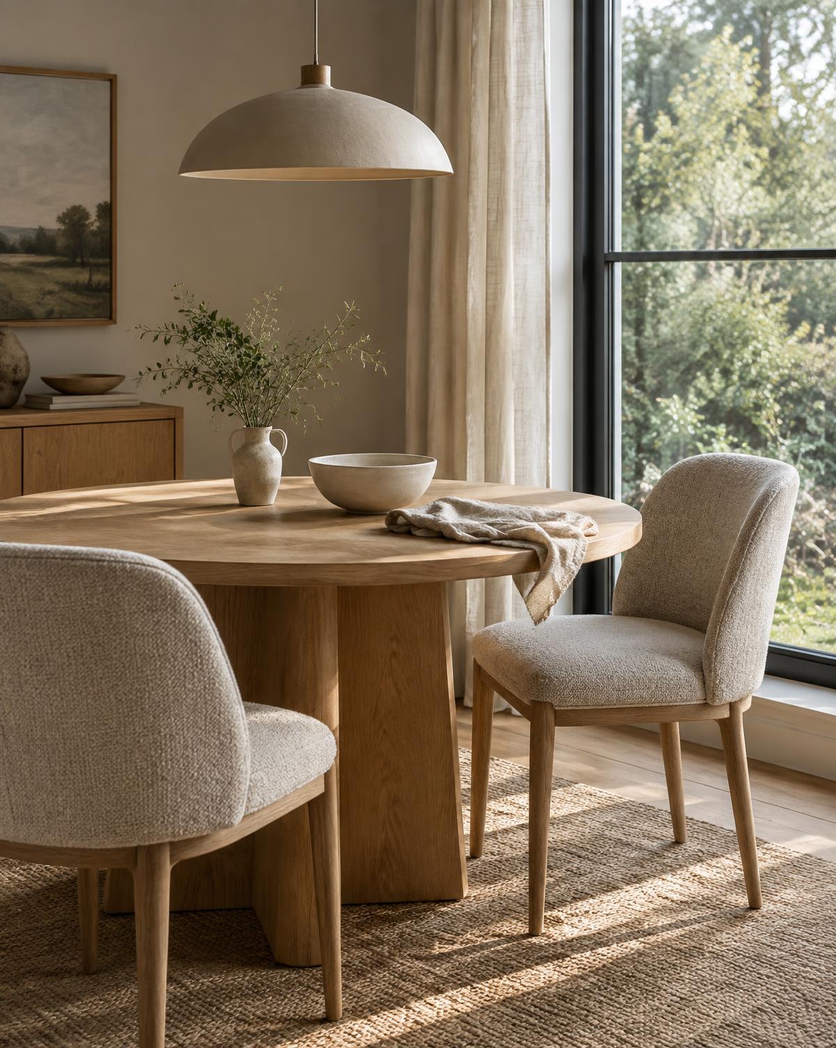 Warm dining corner with a round oak table, upholstered chairs and simple ceramics