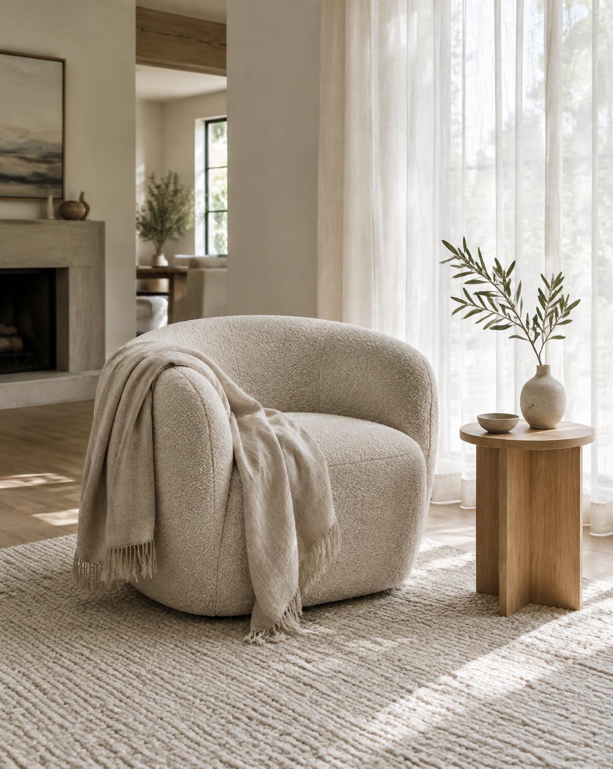 Serene reading corner with a cream boucle chair, linen throw and oak side table