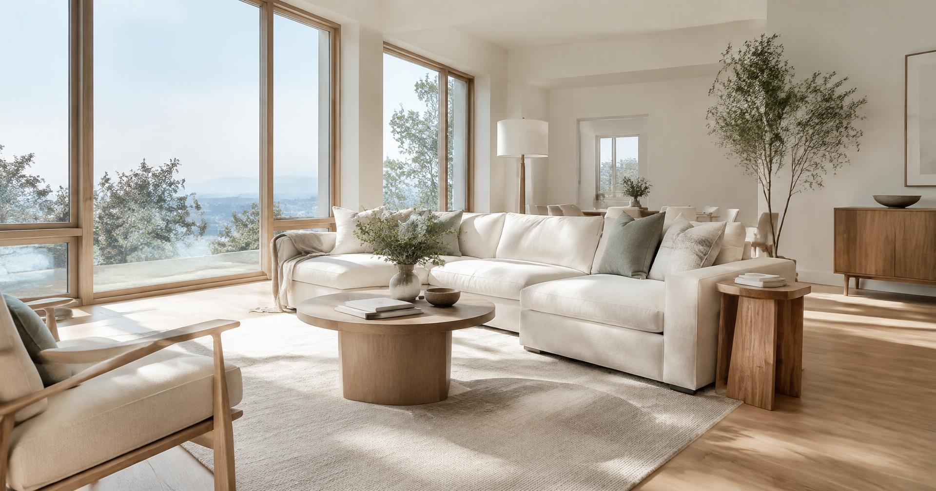 Bright living room with a cream sofa, oak coffee table and tall windows