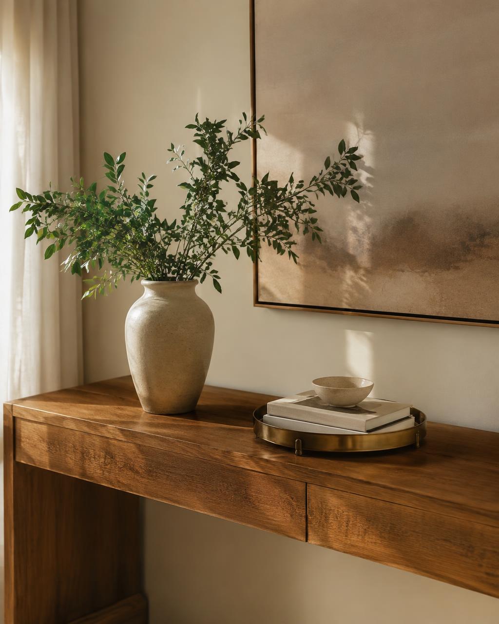 Oak console styled with a stone vase of greenery and a brass tray