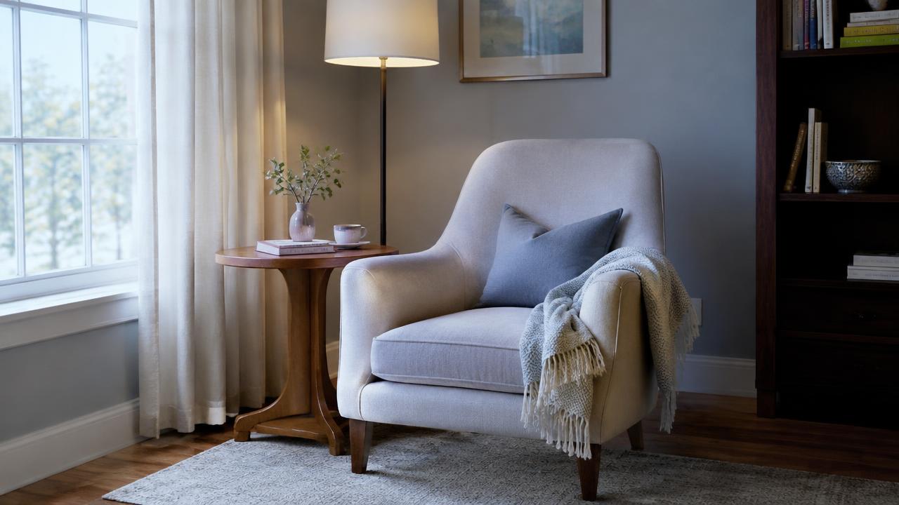 Reading nook with an upholstered armchair, floor lamp and throw