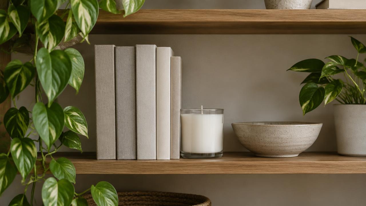 Wooden shelf with books, a candle, ceramics and trailing greenery